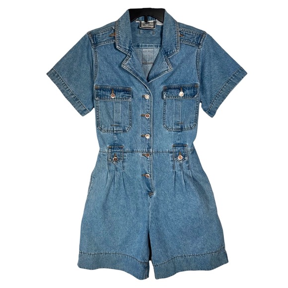 bill blass Pants - Vintage Bill Blass Denim Romper Jean Jumpsuit Medium P Utility Safari Nautical